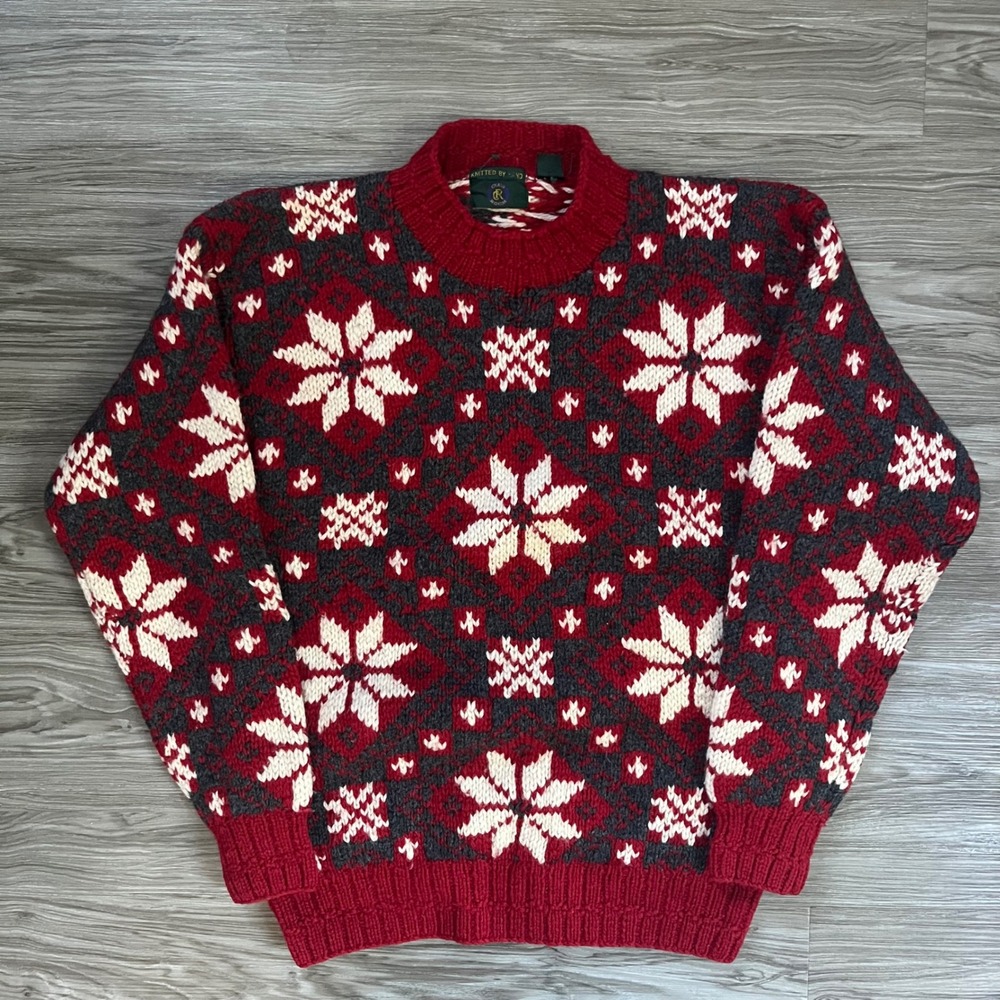 Club Room Hand Knitted Wool Sweater Mens Medium Red Nordic Snowflake Fair Isle